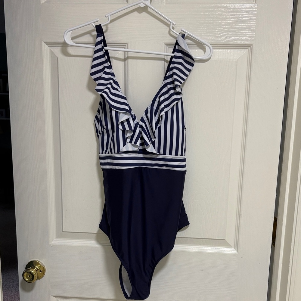 Navy and White Striped Kids One Piece Swimsuit